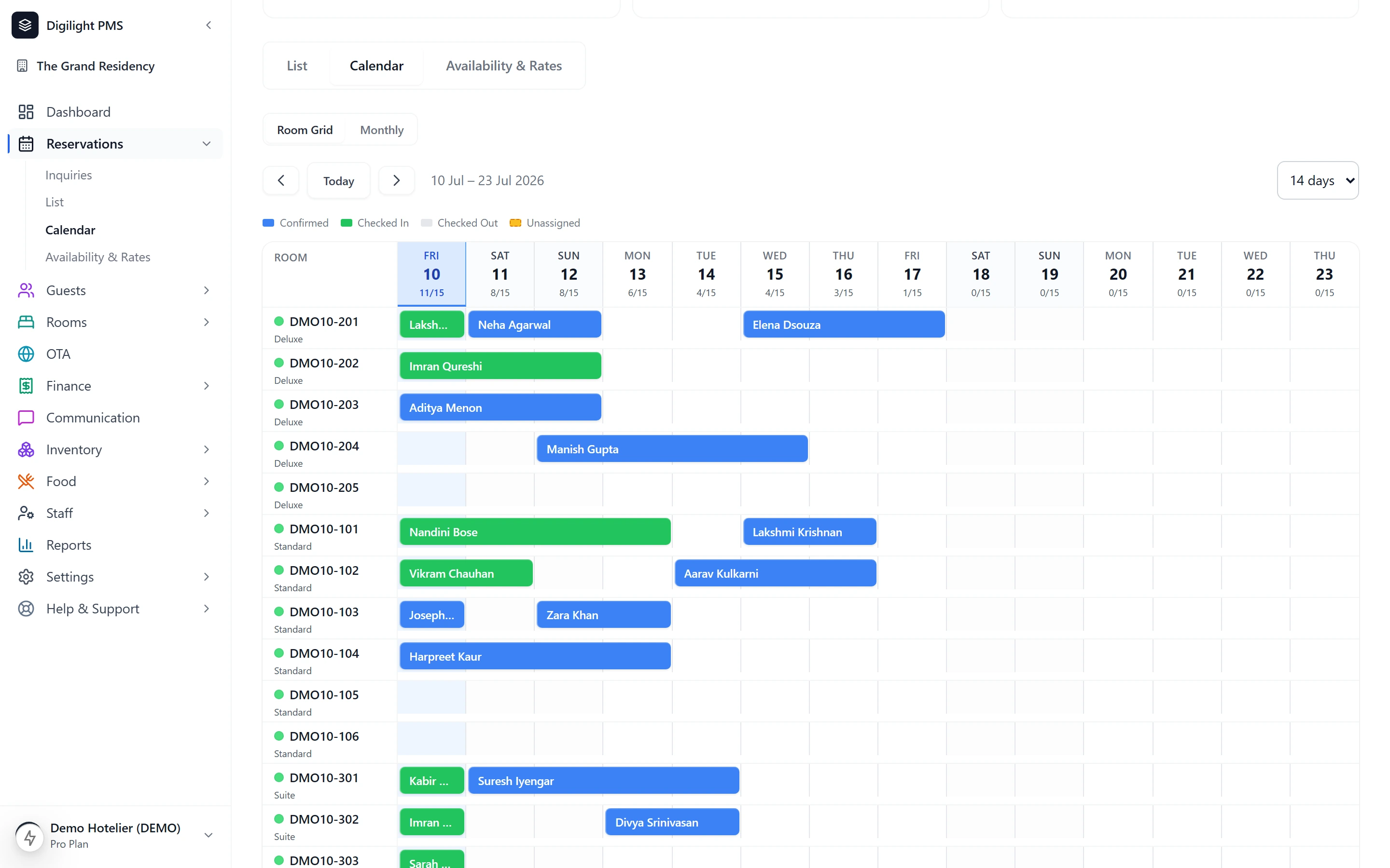 The Digilight PMS reservation calendar, showing which rooms are free and which are occupied across dates.